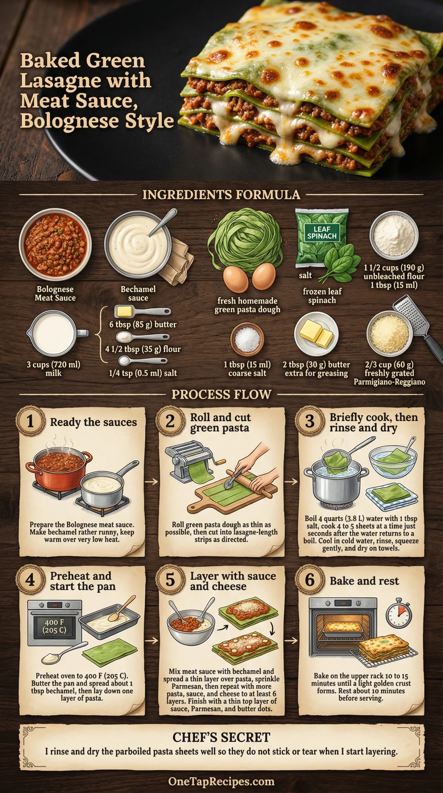 Baked Green Lasagne with Meat Sauce, Bolognese Style
