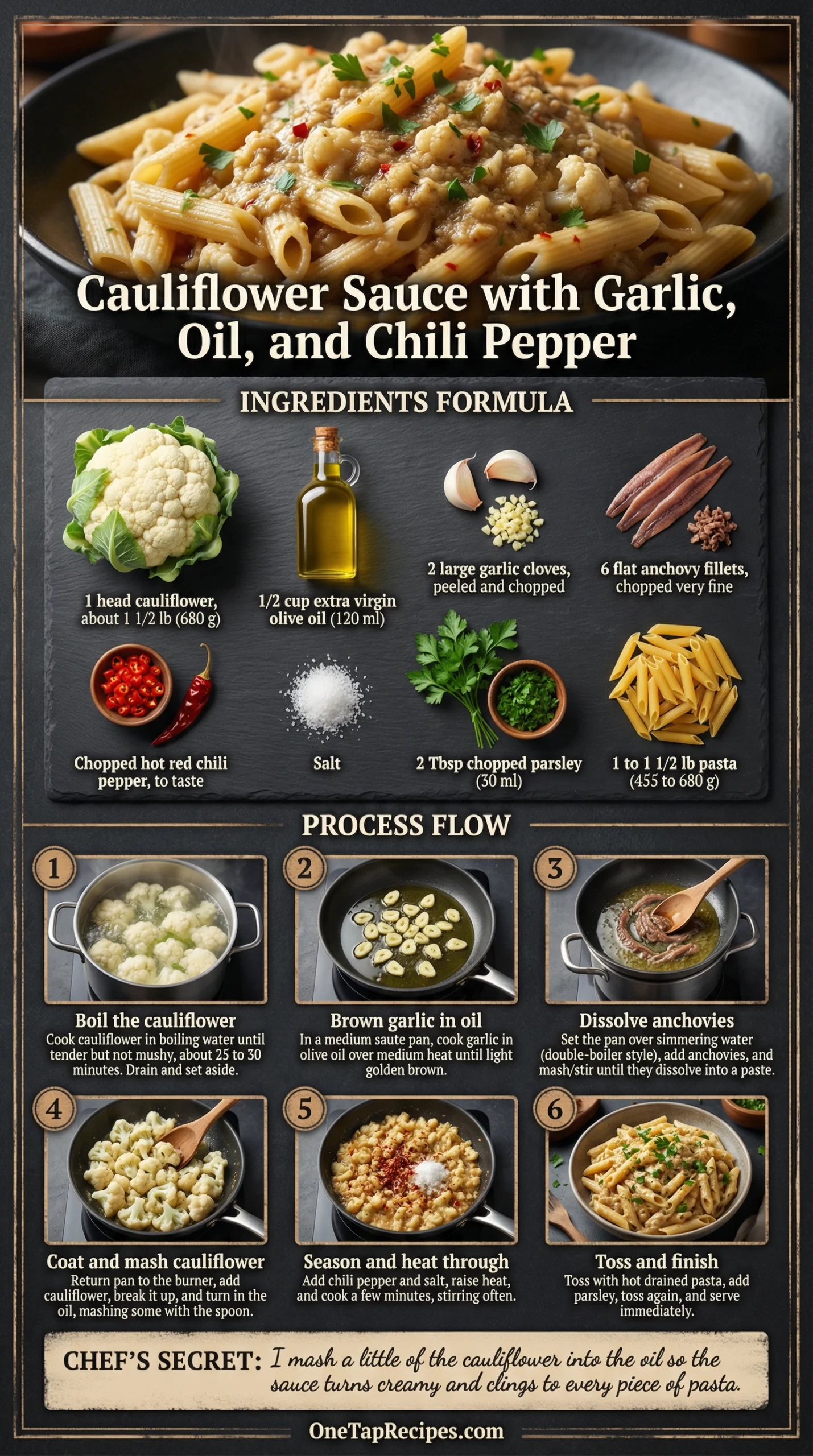 Cauliflower Sauce with Garlic, Oil, and Chili Pepper