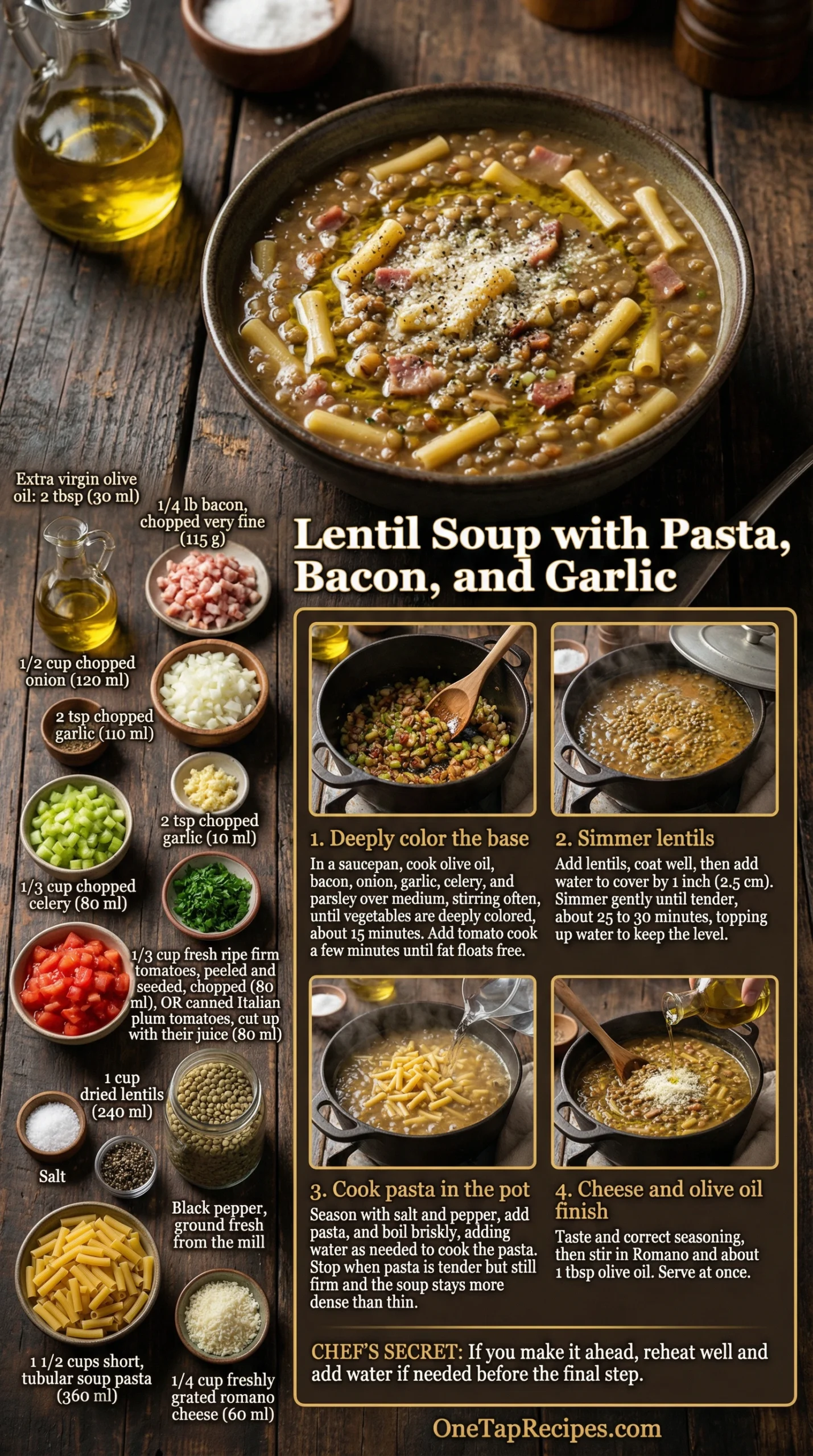 Lentil Soup with Pasta, Bacon, and Garlic