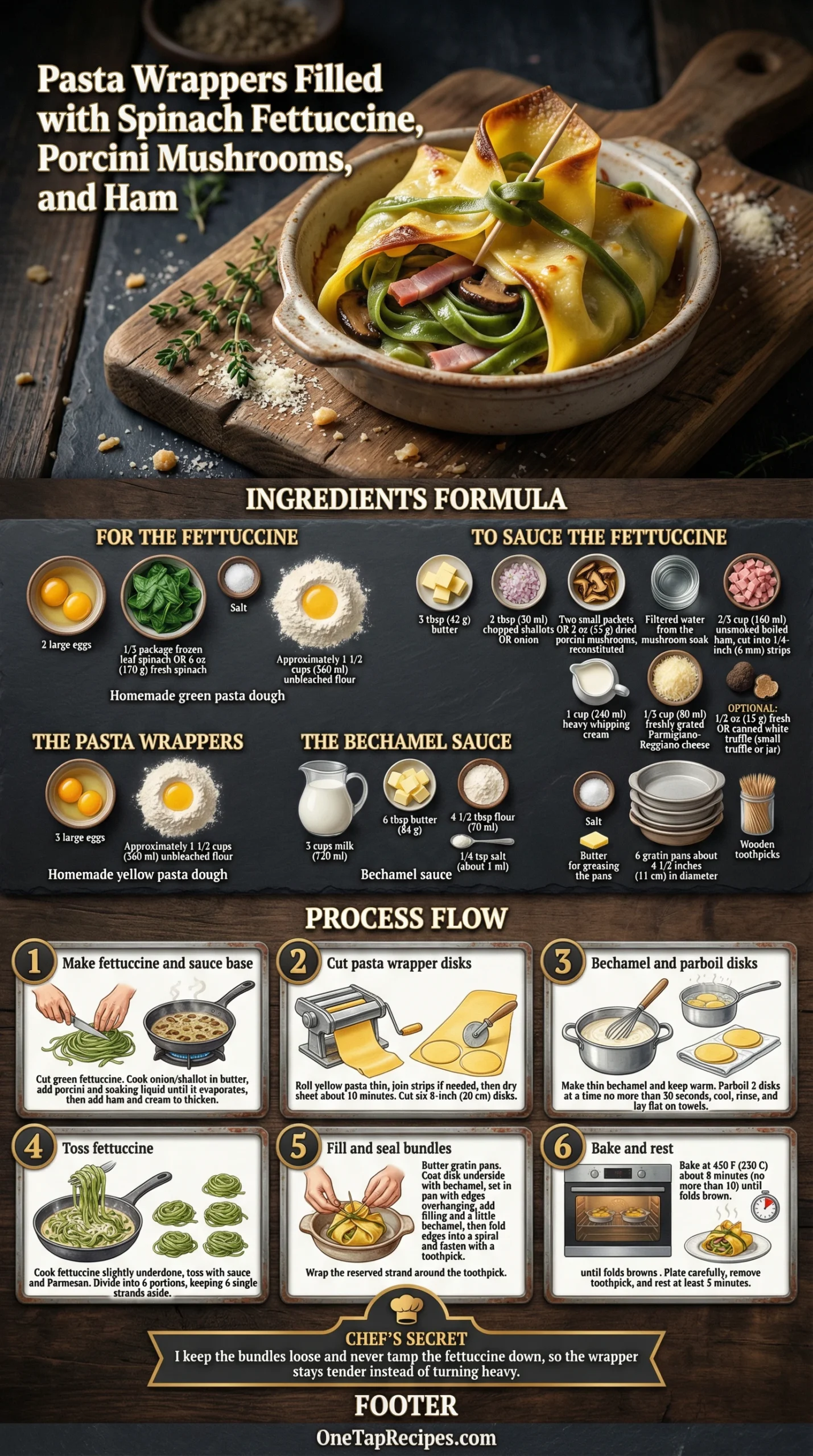 Pasta Wrappers Filled with Spinach Fettuccine, Porcini Mushrooms, and Ham