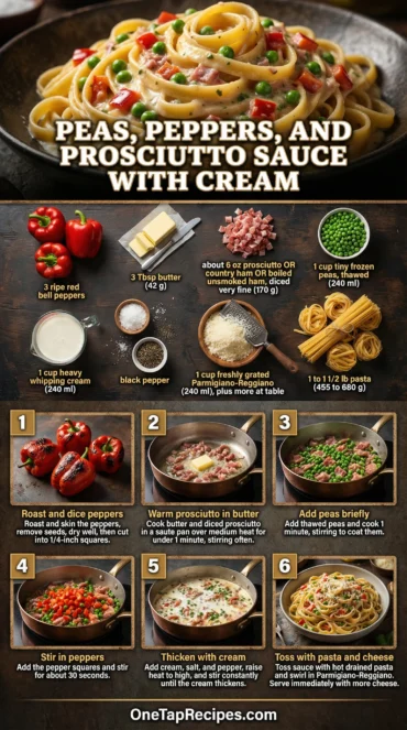 Peas, Peppers, and Prosciutto Sauce with Cream