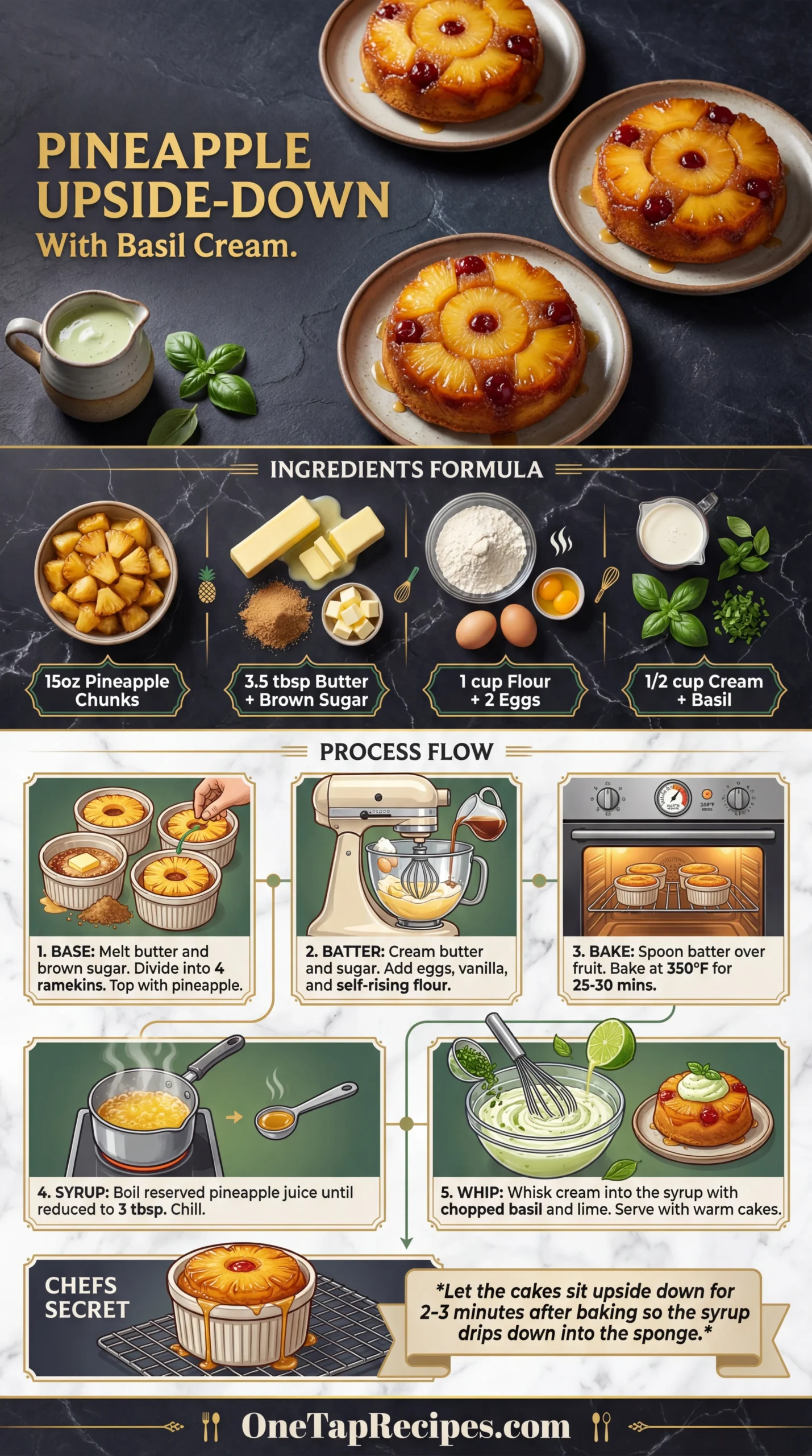 Pineapple Upside-Down Cakes with Basil Cream