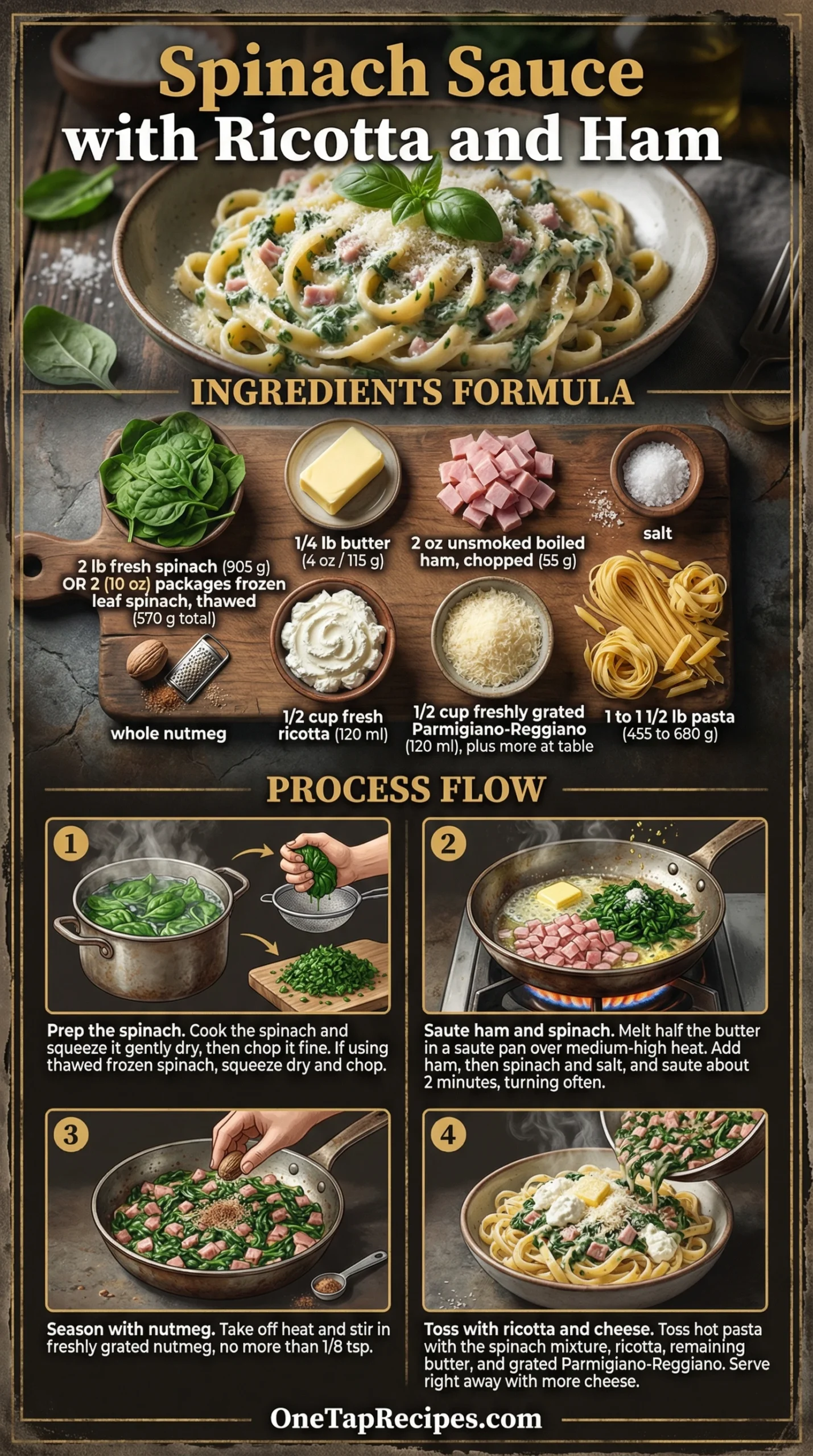 Spinach Sauce with Ricotta and Ham