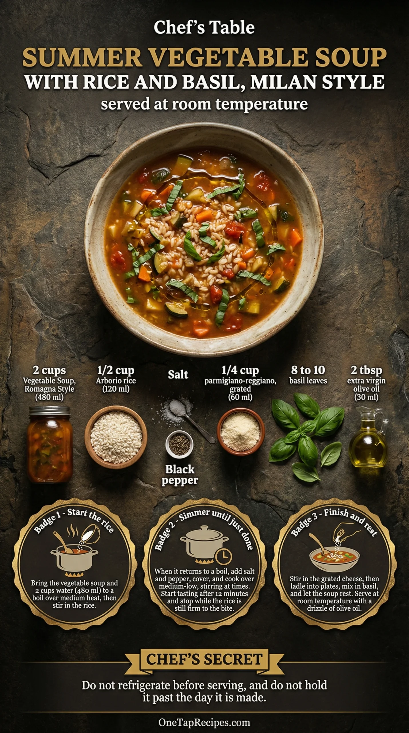 Summer Vegetable Soup with Rice and Basil, Milan Style