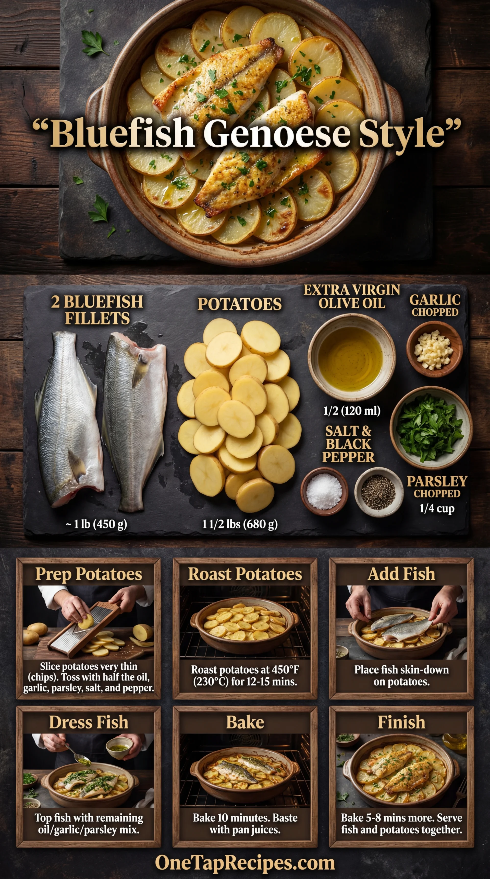 Baked Bluefish Fillets with Potatoes and Garlic