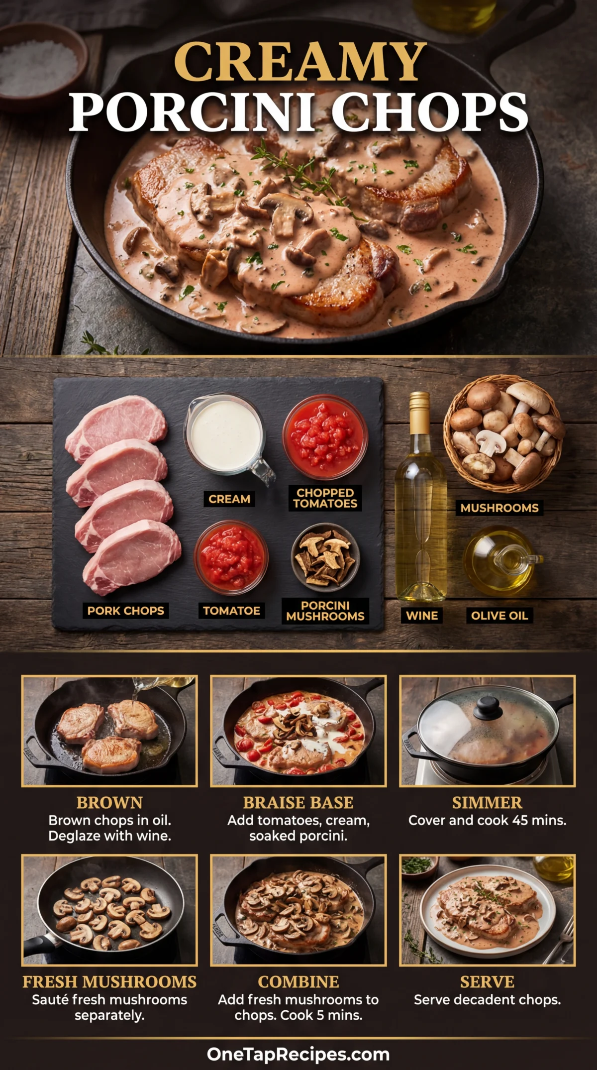 Braised Pork Chops with Tomatoes, Cream, and Porcini