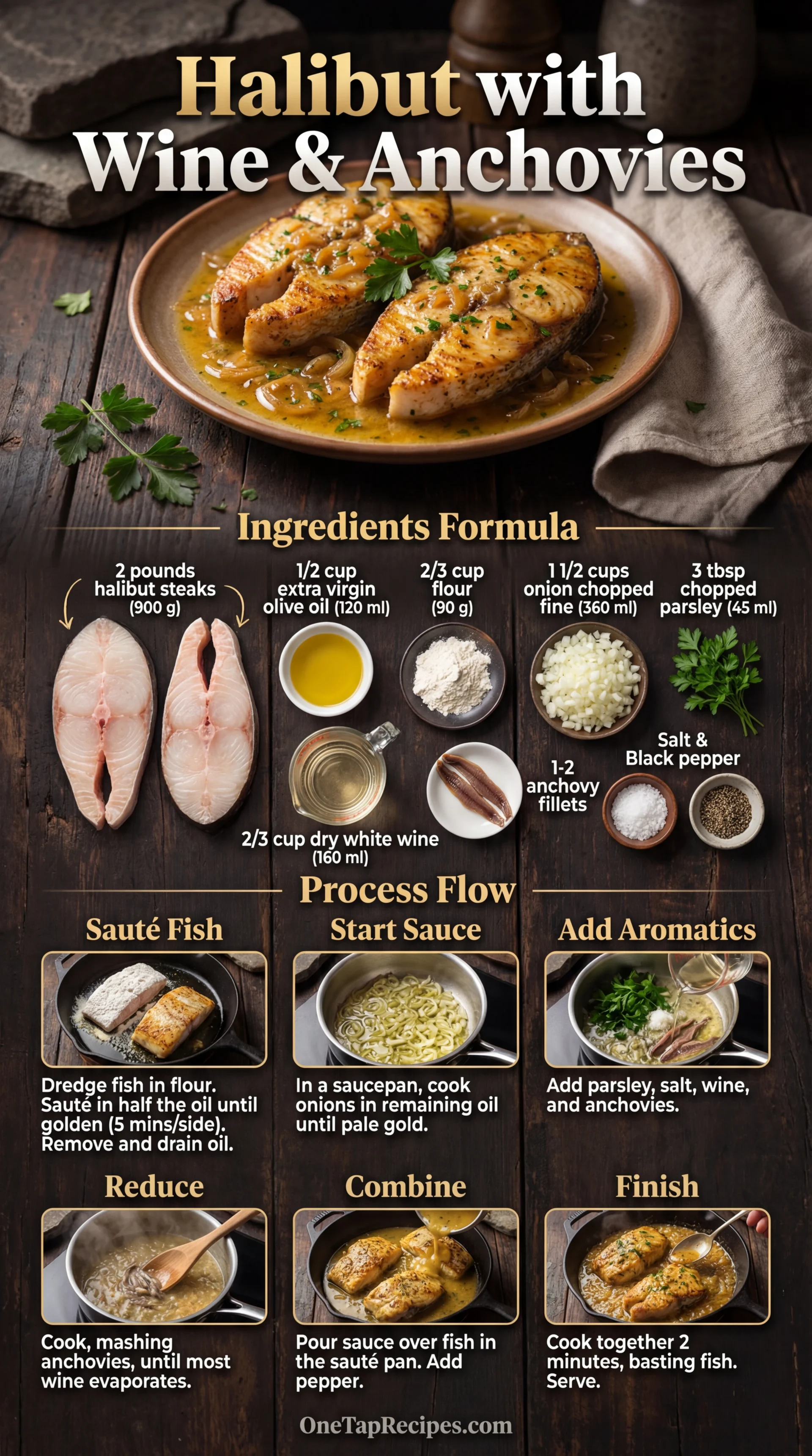 Halibut Steaks Sauced with White Wine and Anchovies