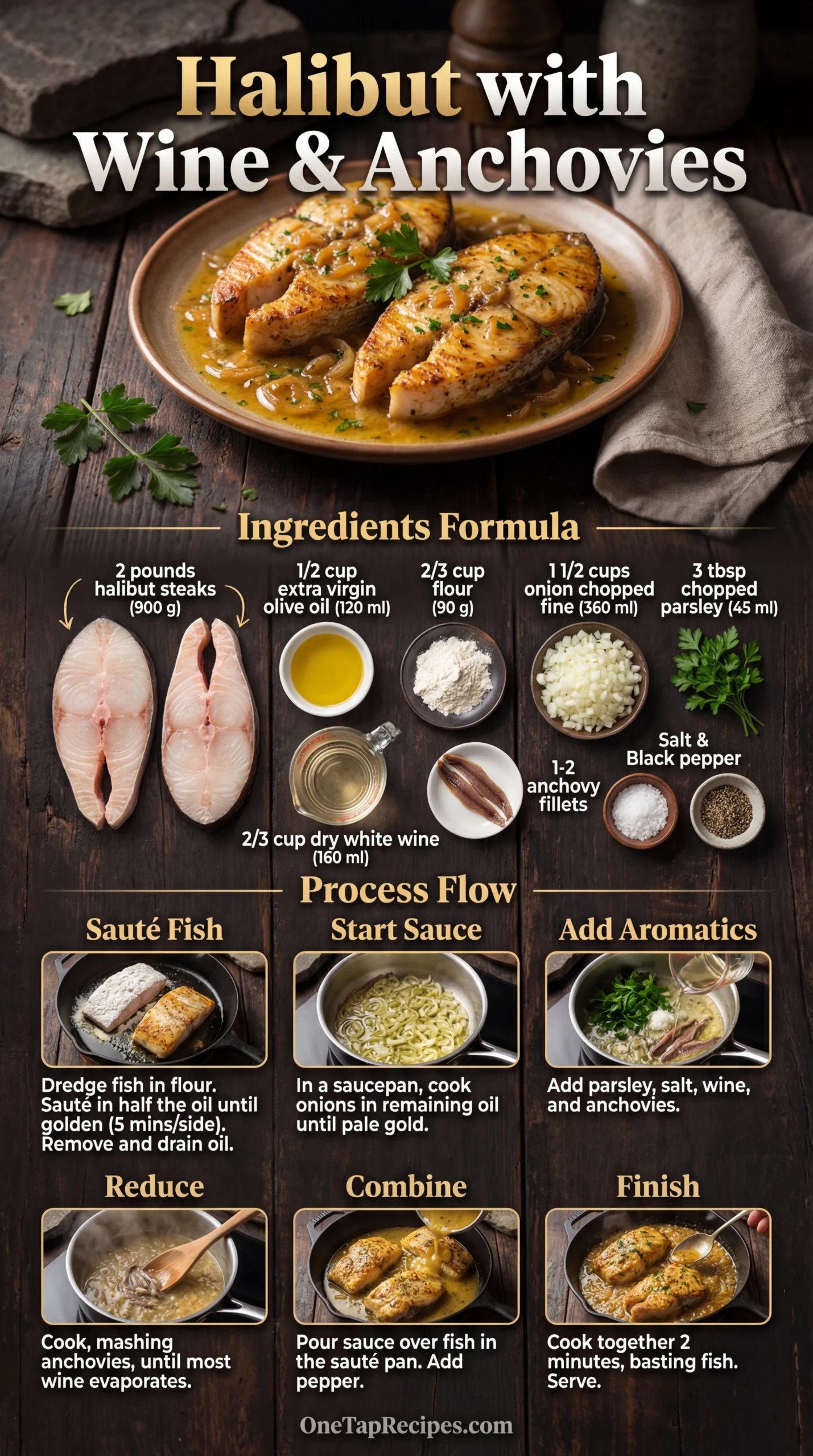 Halibut Steaks Sauced with White Wine and Anchovies