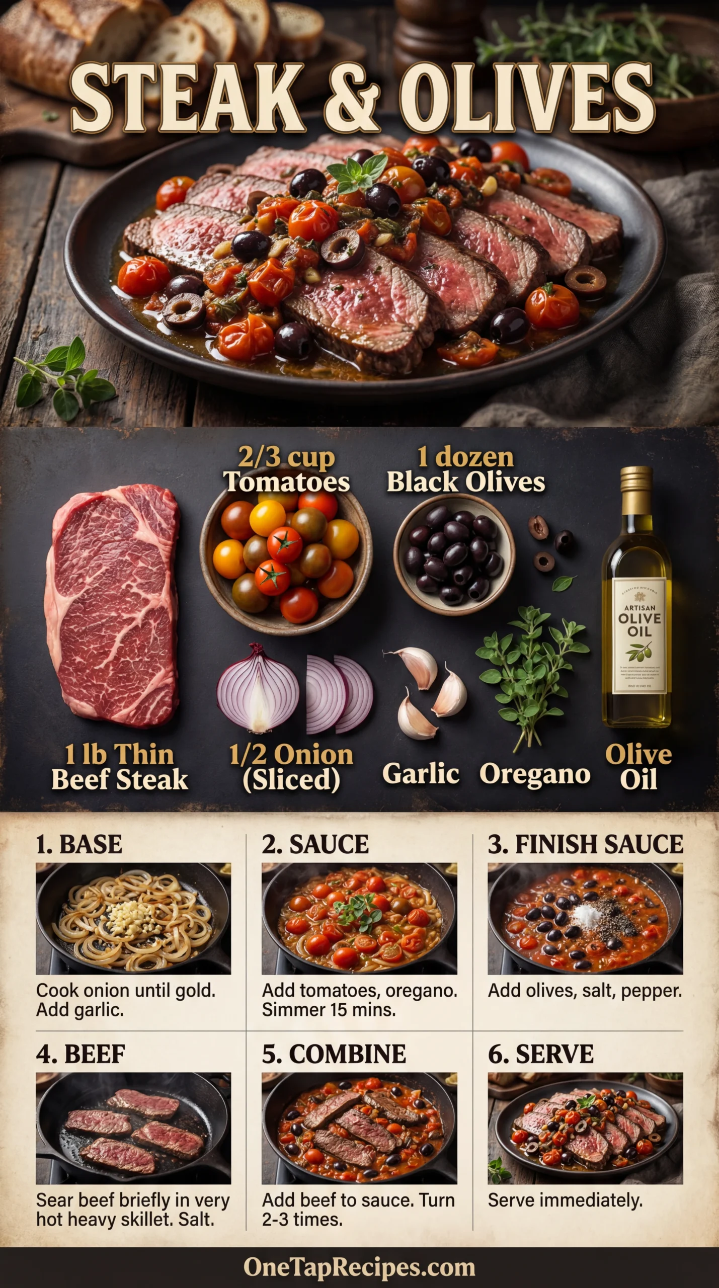Pan-Broiled Thin Beef Steaks with Tomatoes and Olives
