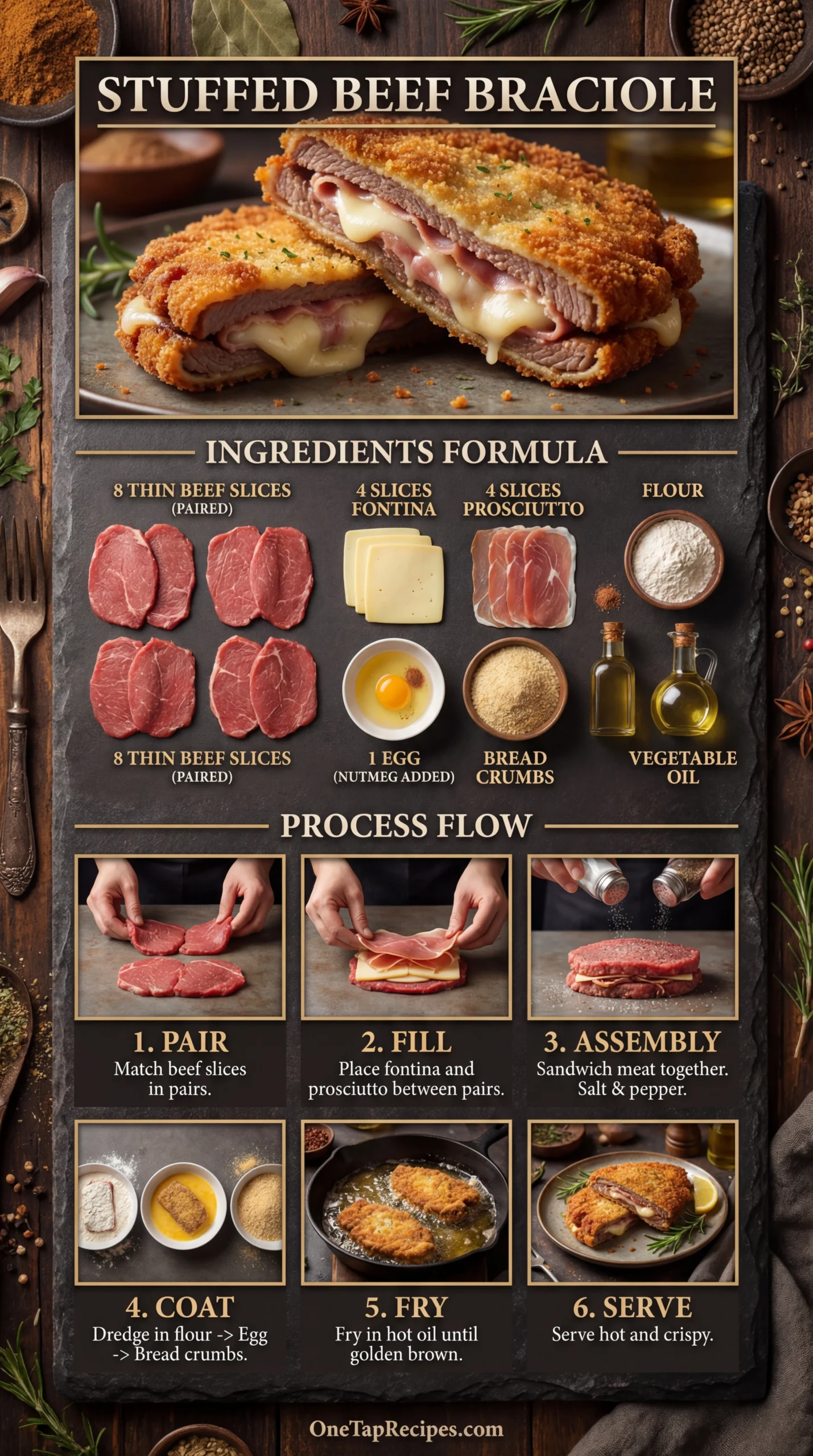 Pan-Fried Beef Braciole Filled with Cheese and Ham