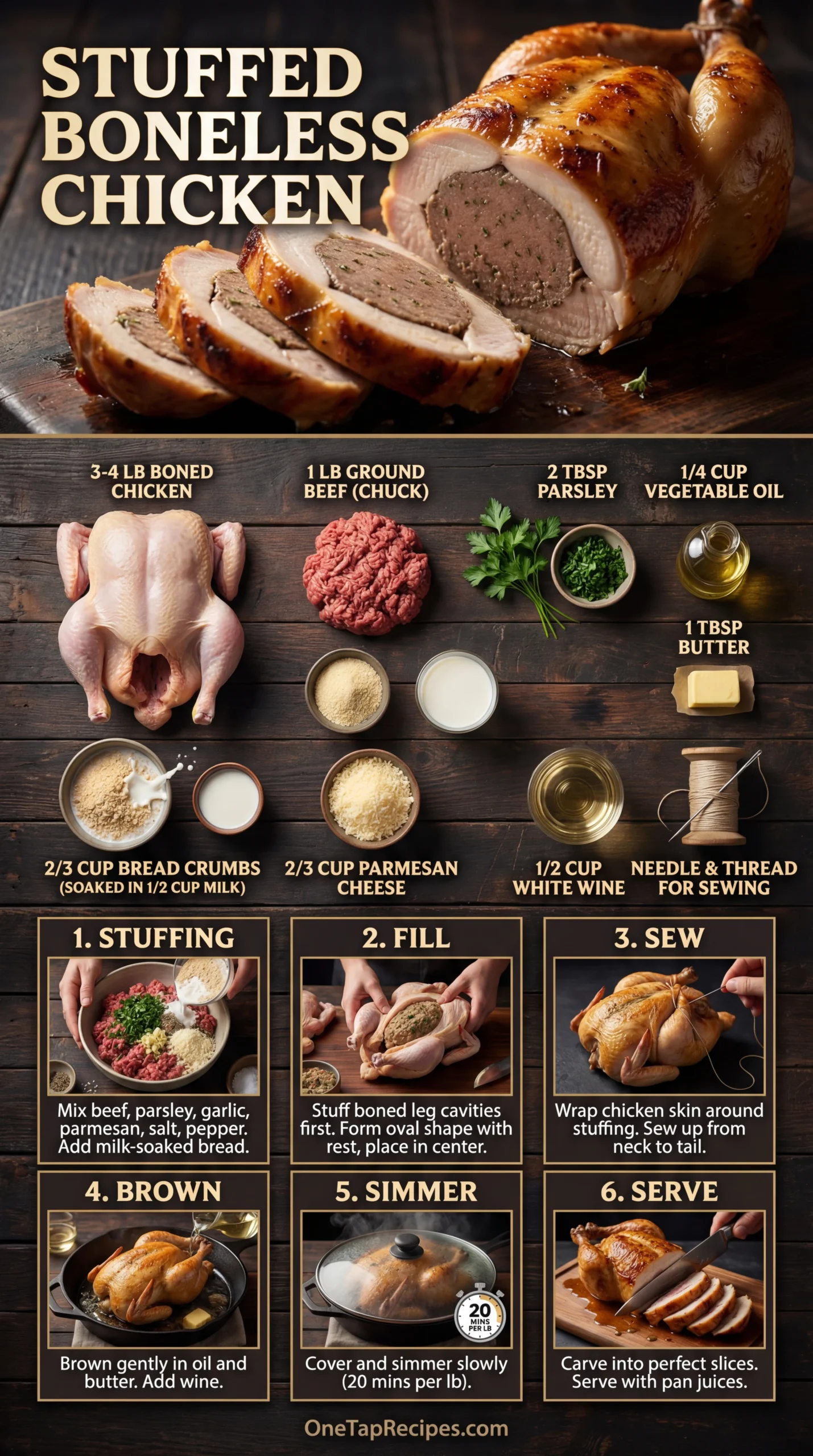 Pan-Roasted Whole Boned Chicken with Beef Stuffing