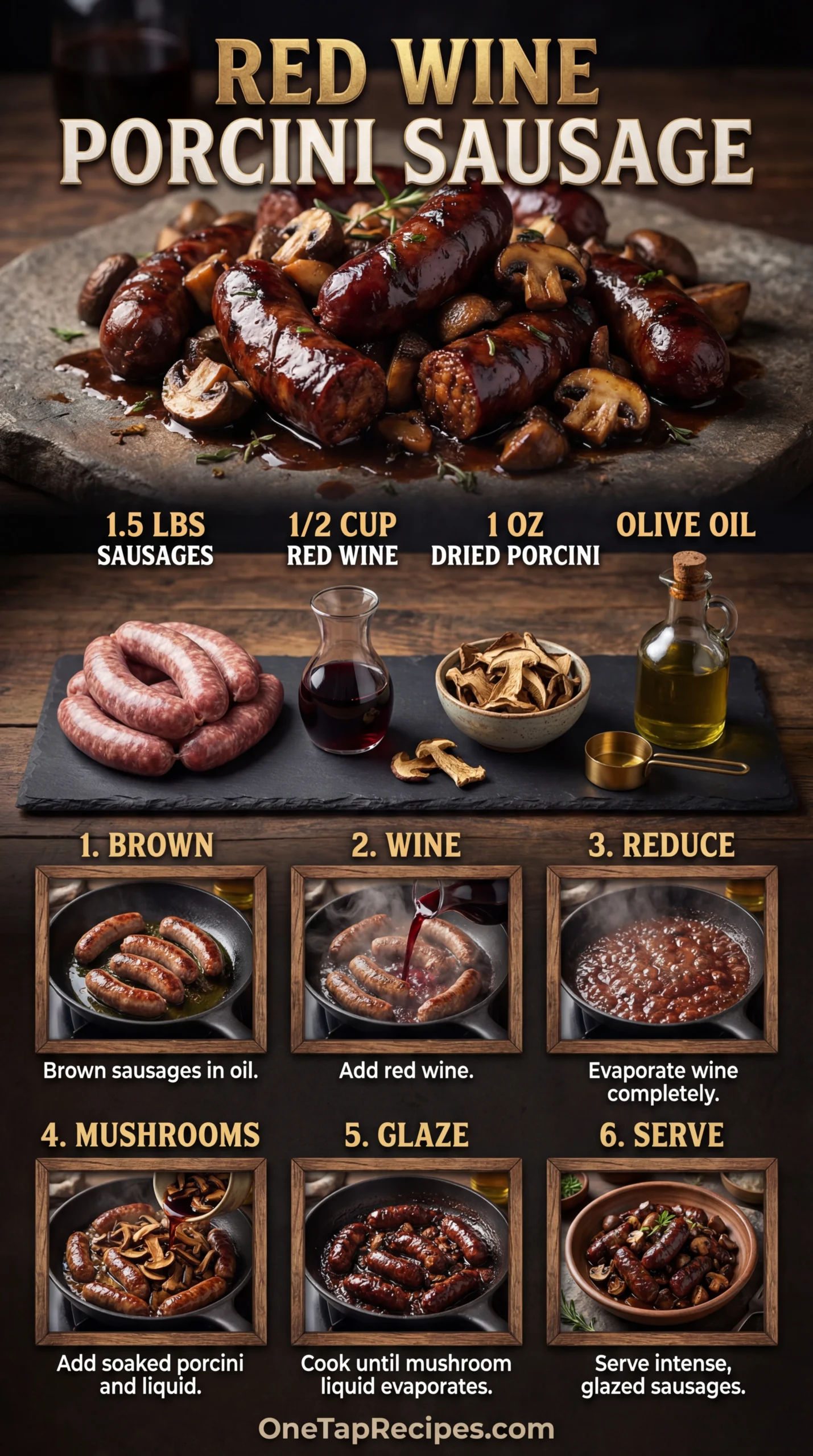 Pork Sausages with Red Wine and Porcini Mushrooms