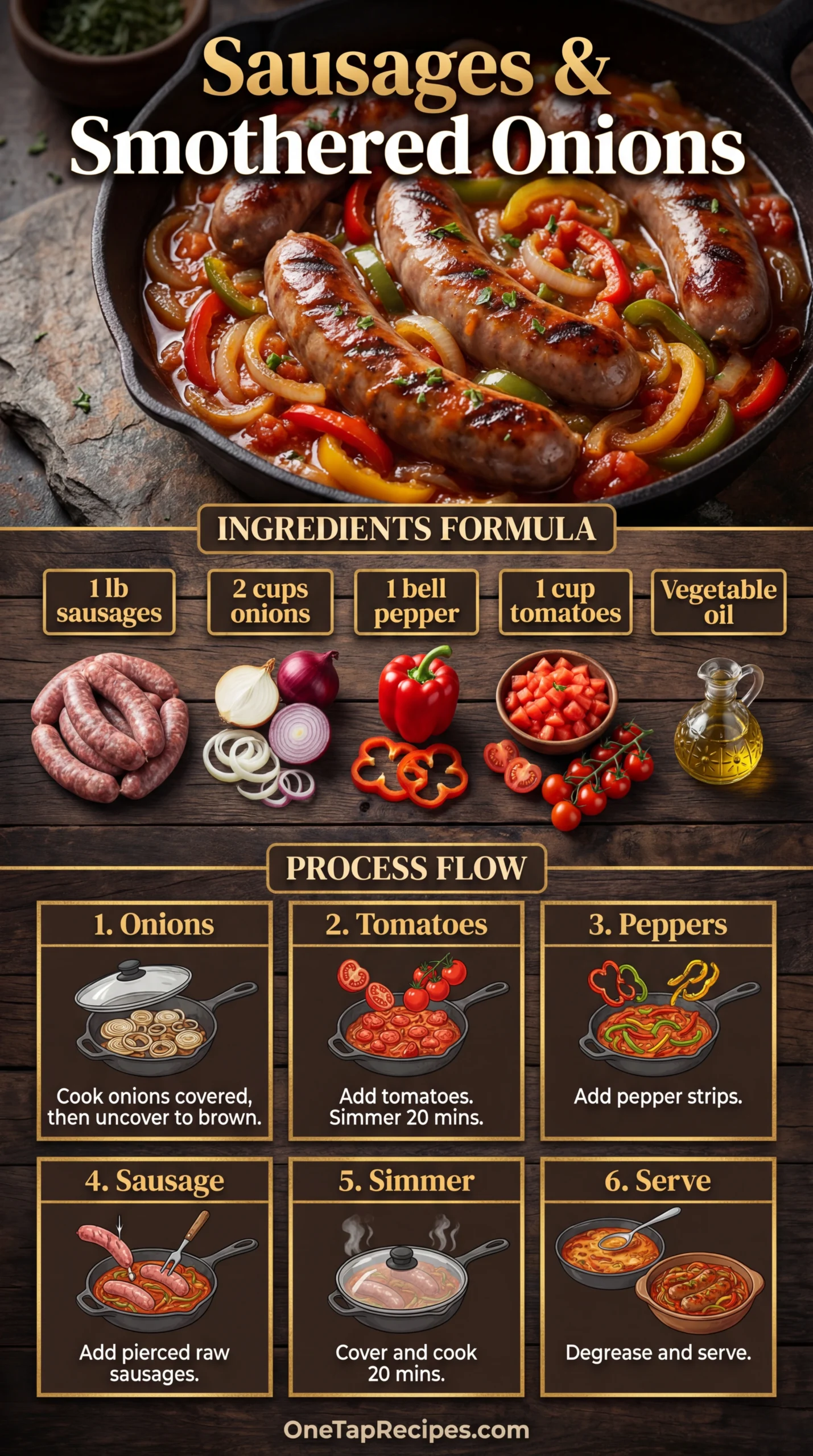 Pork Sausages with Smothered Onions and Tomatoes