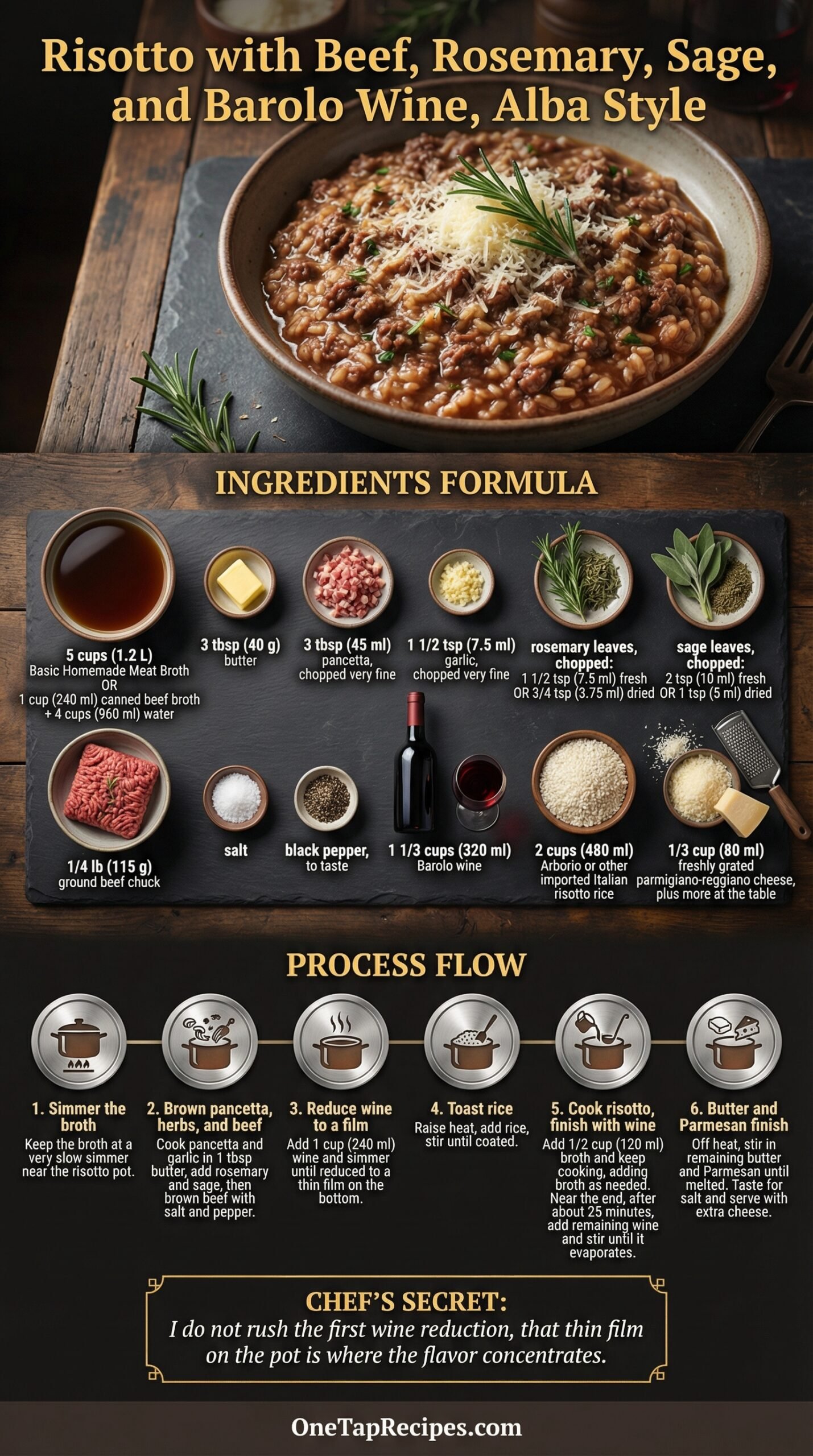 Risotto with Beef, Rosemary, Sage, and Barolo Wine, Alba Style