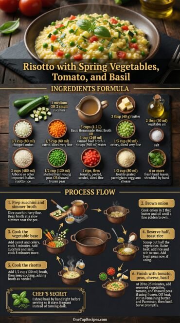 Risotto with Spring Vegetables, Tomato, and Basil