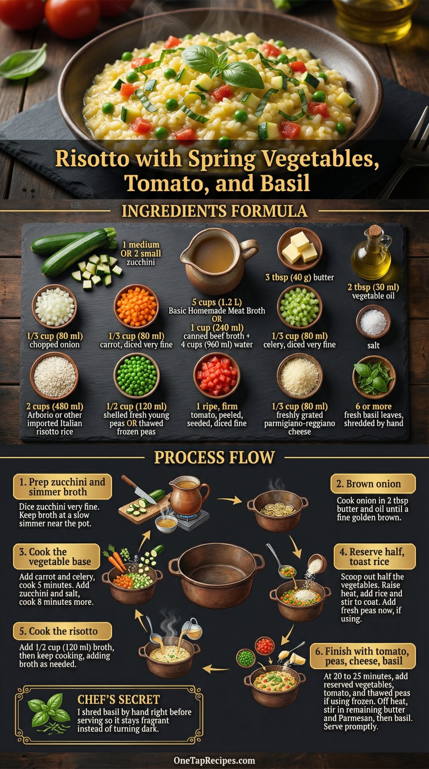 Risotto with Spring Vegetables, Tomato, and Basil