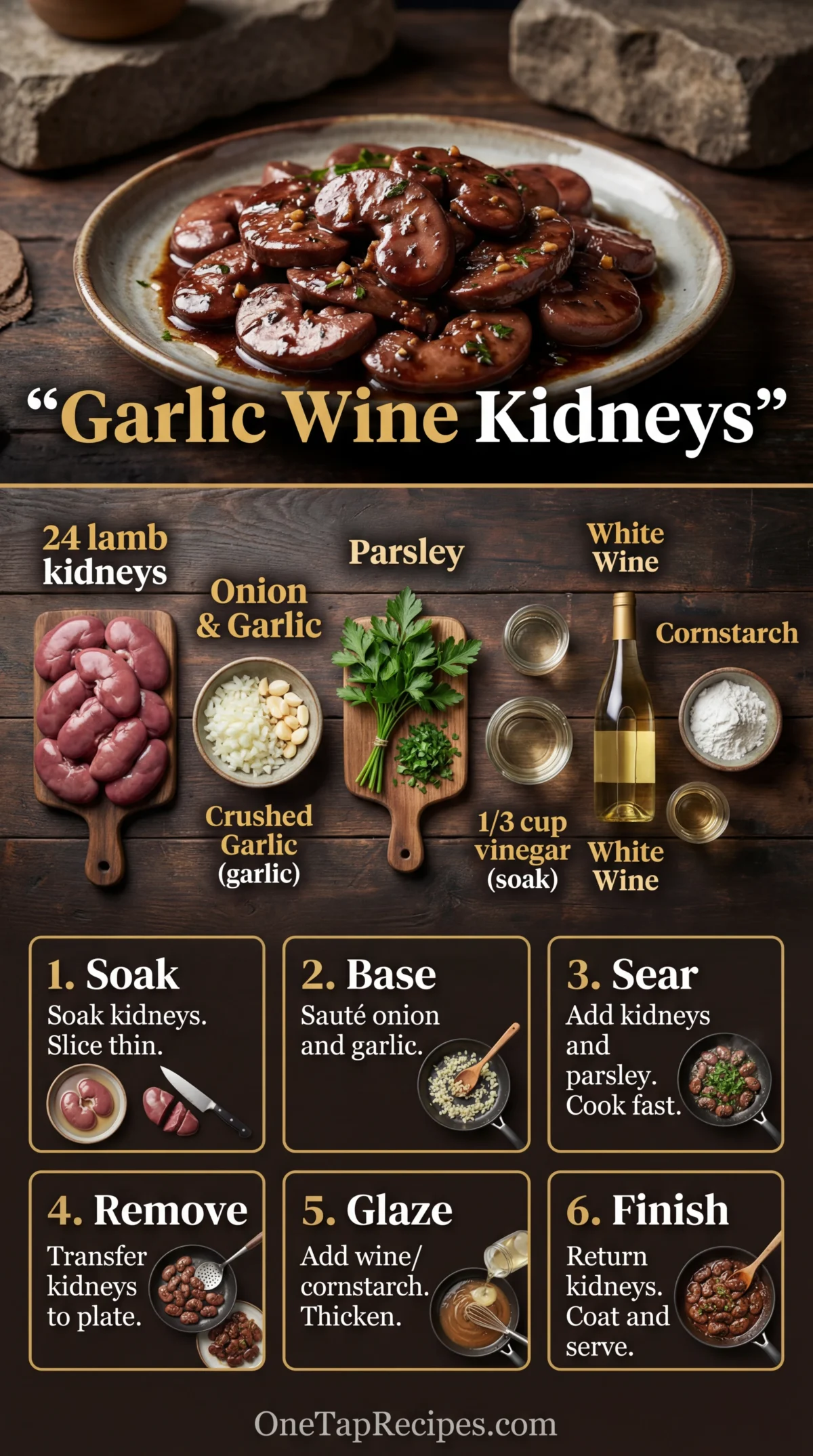 Sautéed Lamb Kidneys with Onion, Garlic, and White Wine