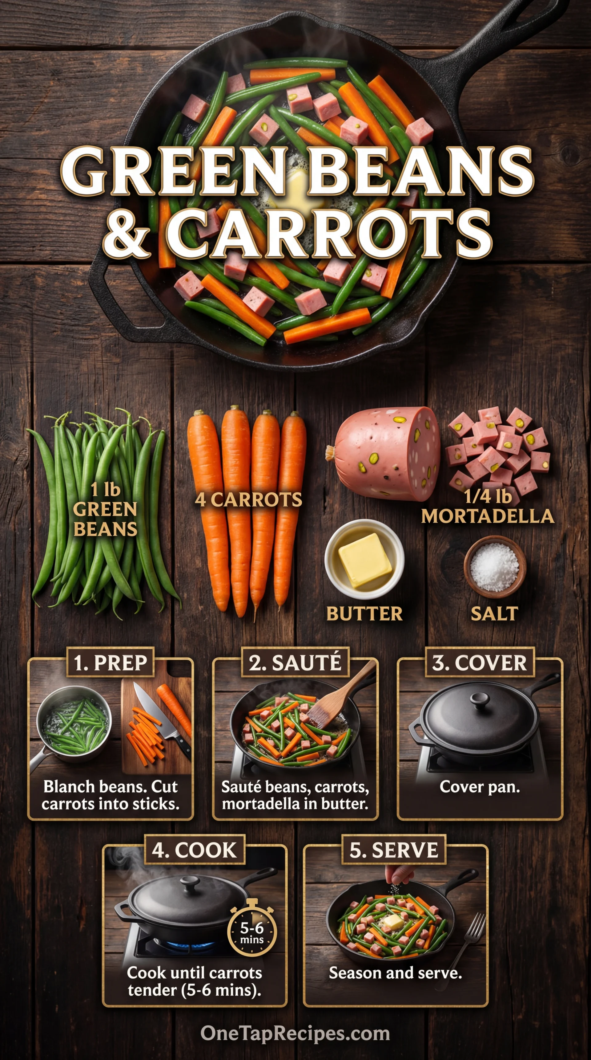 Smothered Green Beans with Carrot Sticks and Mortadella