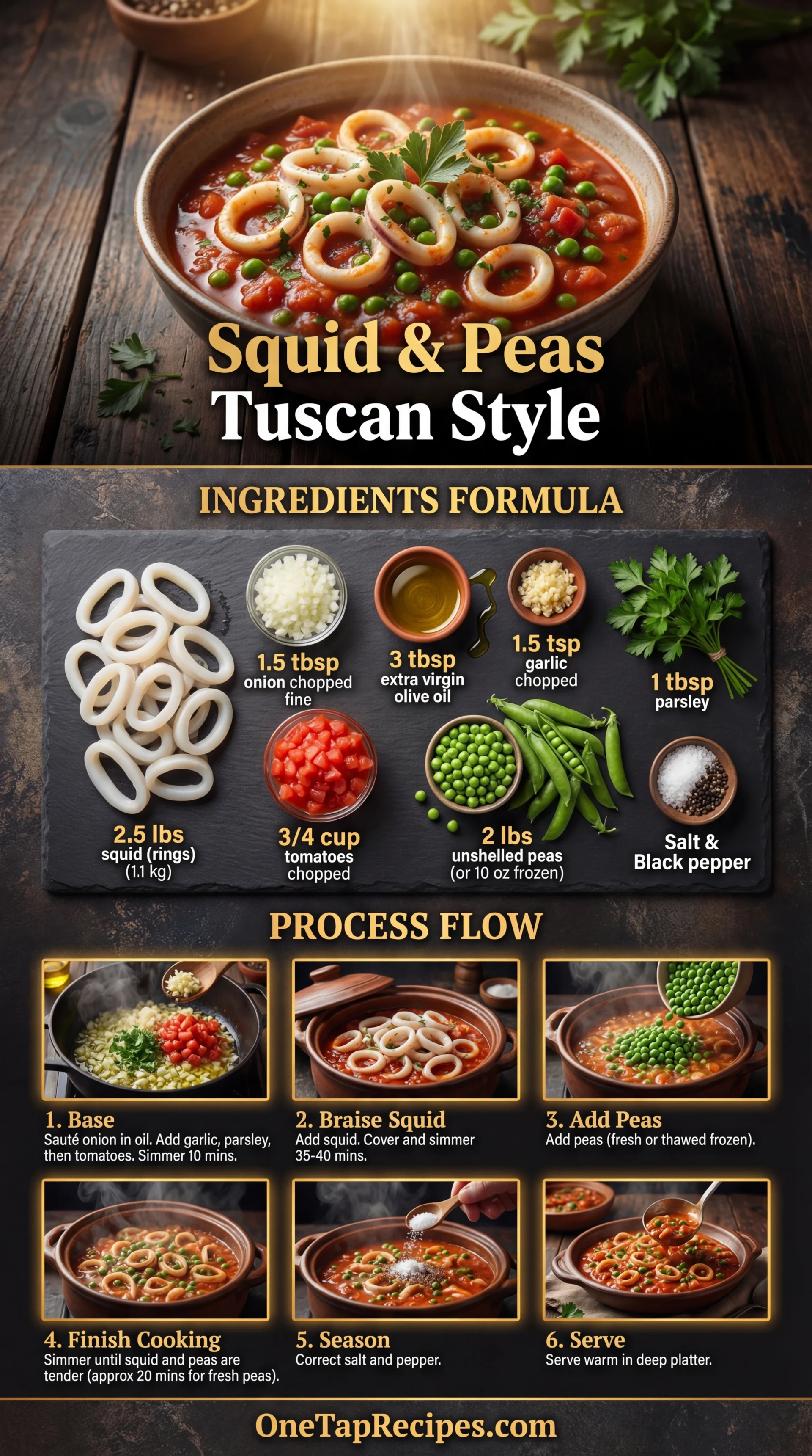 Squid with Tomatoes and Peas, Tuscan Style