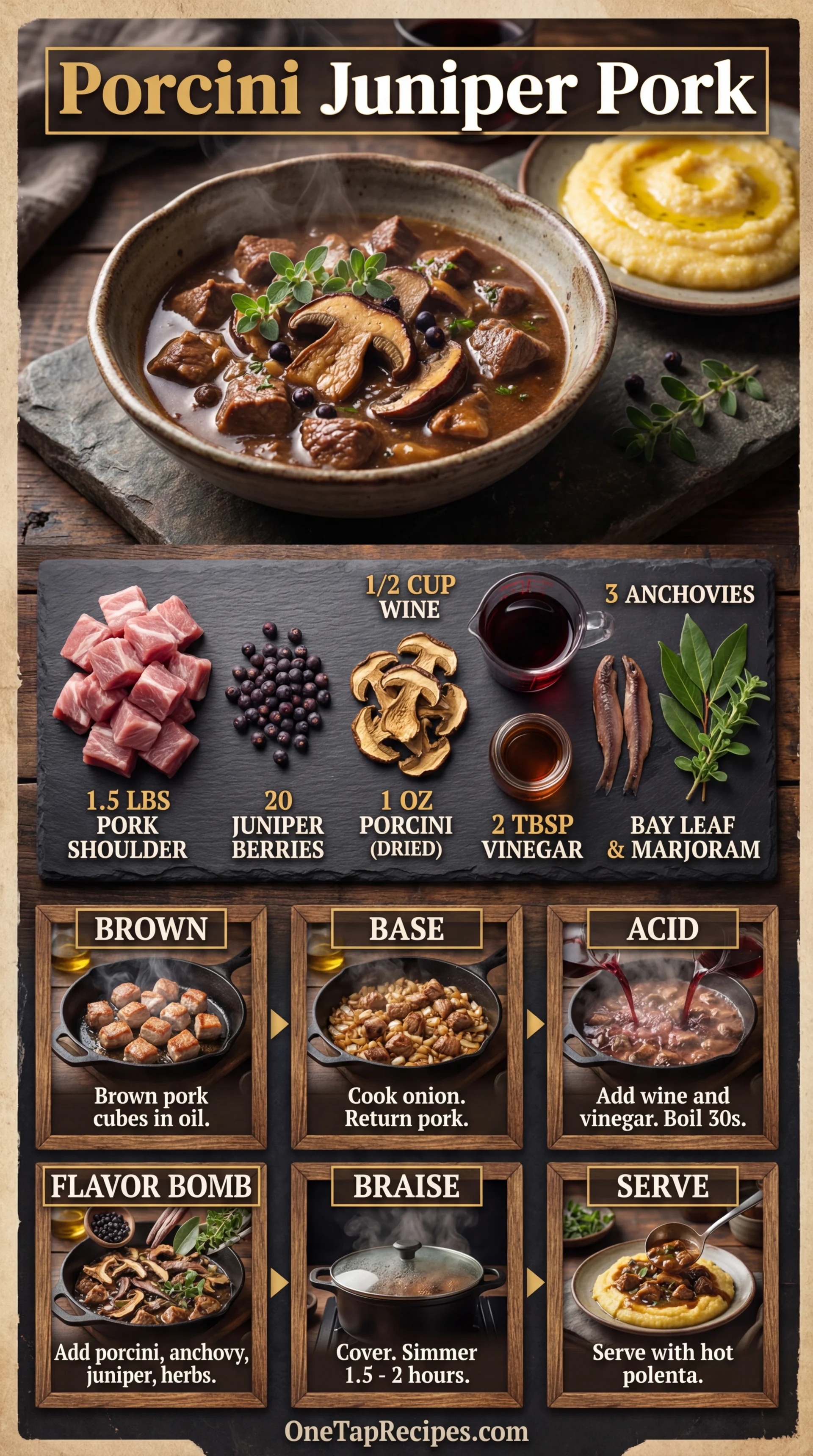 Stewed Pork with Porcini Mushrooms and Juniper