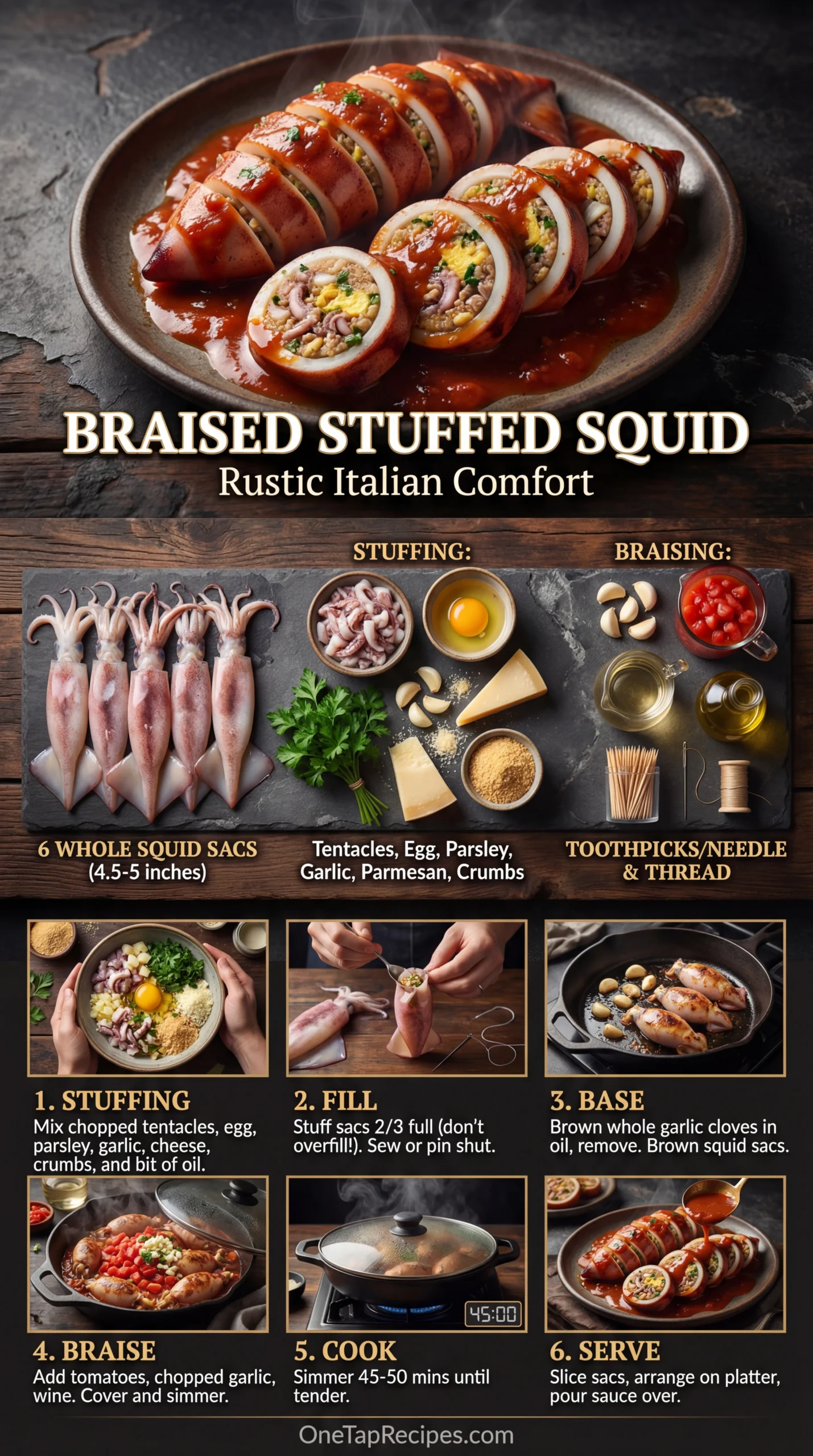 Stuffed Squid Braised with Tomatoes and White Wine