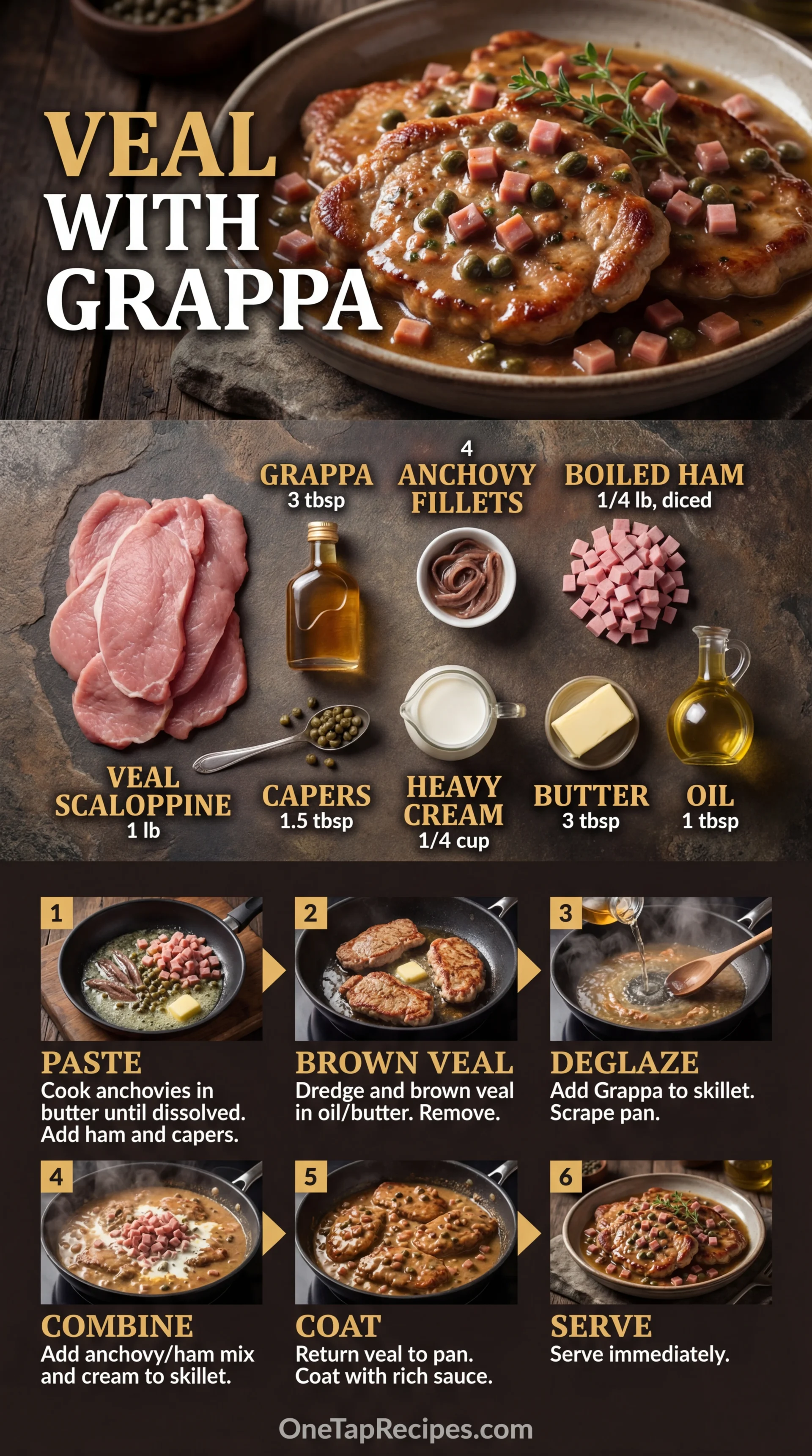 Veal Scaloppine with Ham, Anchovies, and Grappa