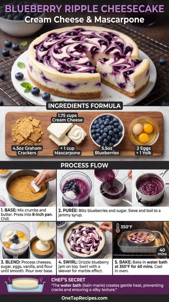 Blueberry Ripple Cheesecake - onetaprecipes.com