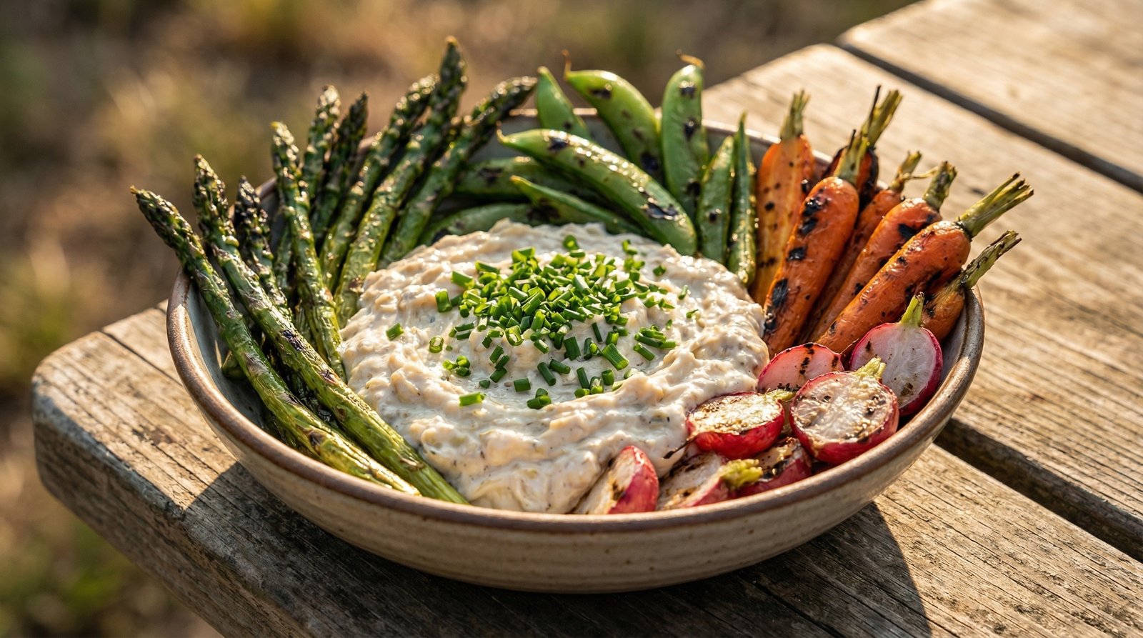 Smoked Vidalia Dip with Grilled Crudites