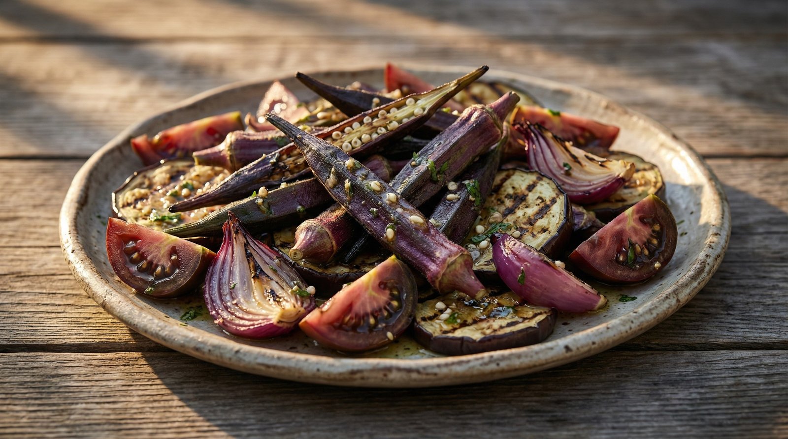 Grilled Okra and Tomato Salad