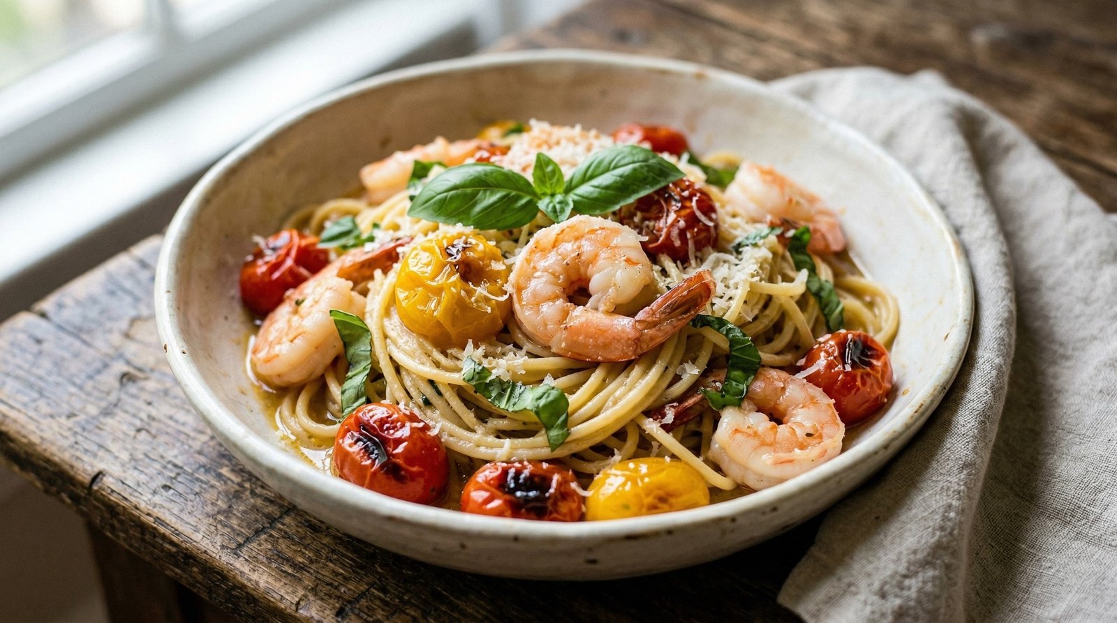 Shrimp and Burst Cherry Tomato Pasta