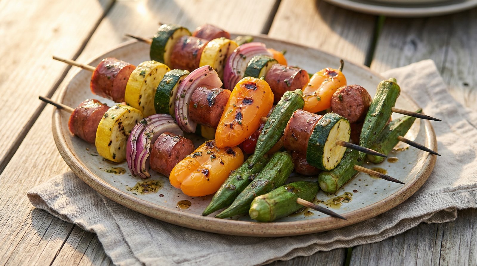 Grilled Sausage and Vegetable Skewers