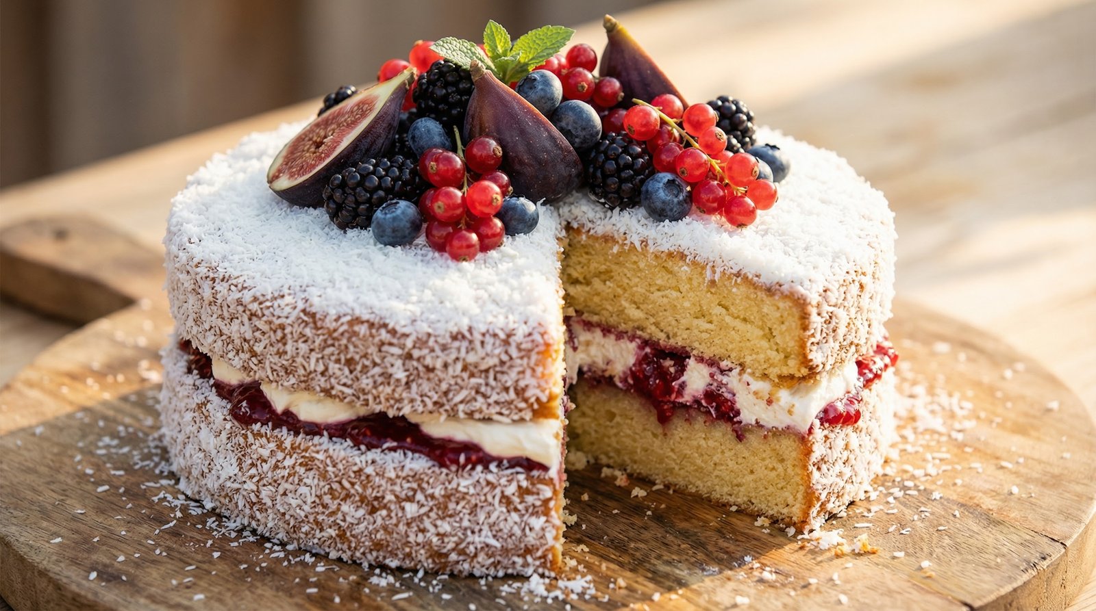 Coconut-Coated Sponge Cake with Fruit