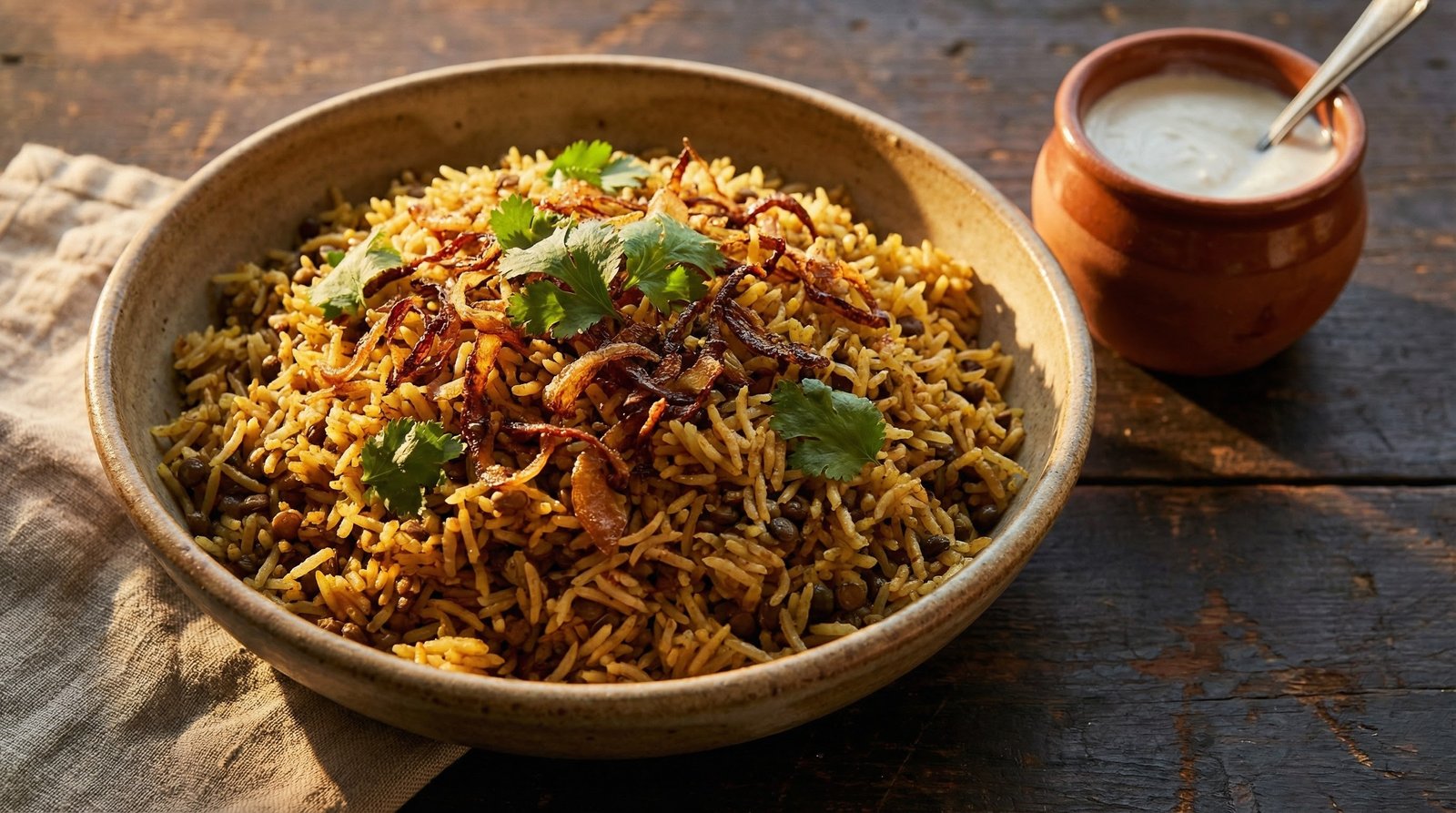 Rice and Lentils with Crispy Onions
