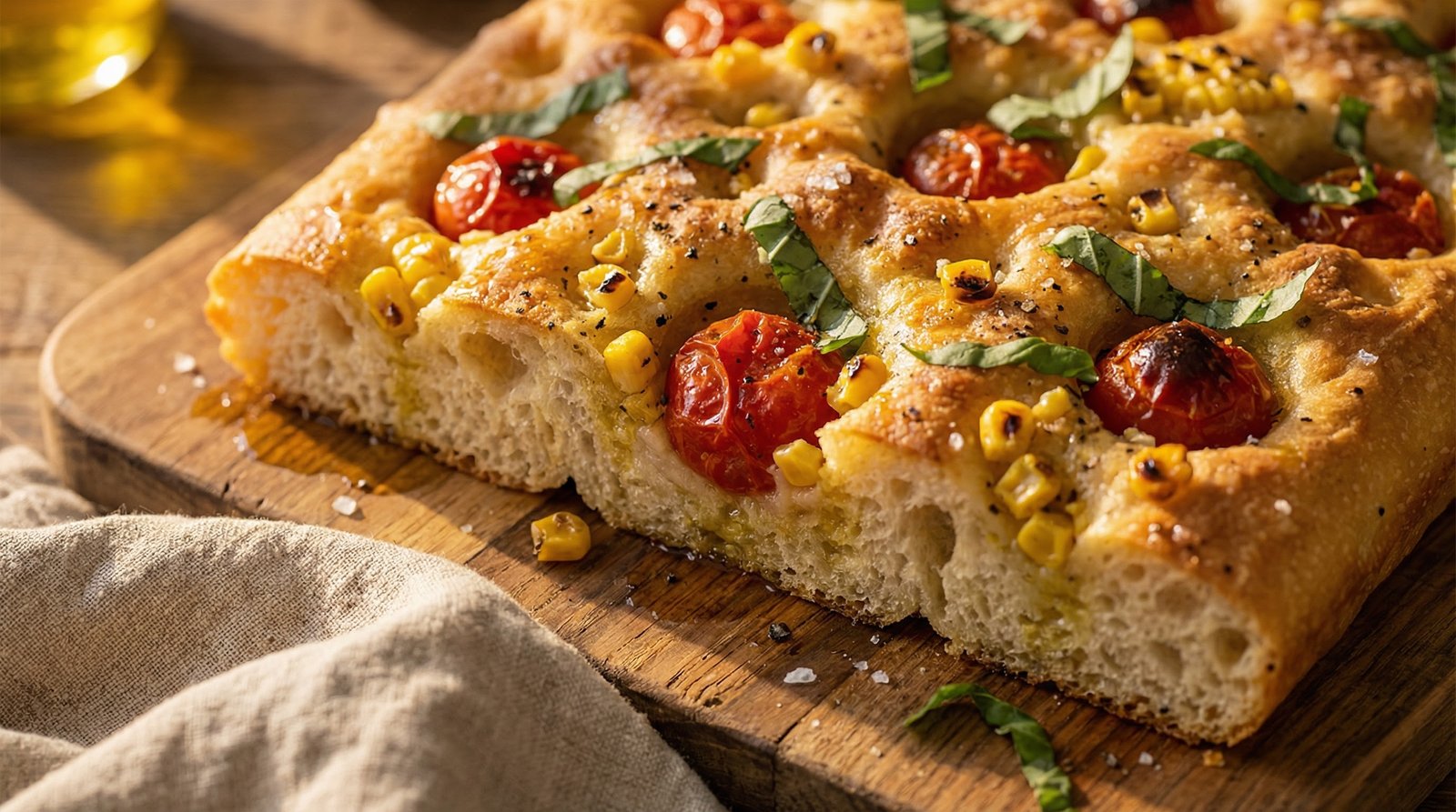 Tomato, Corn, and Basil Focaccia Topping