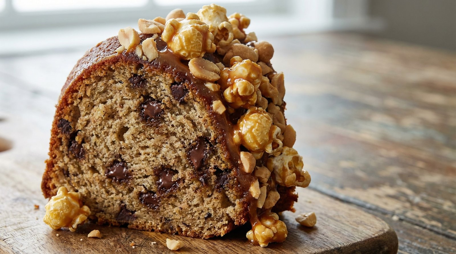 Banana Cake with Caramel Peanut Popcorn