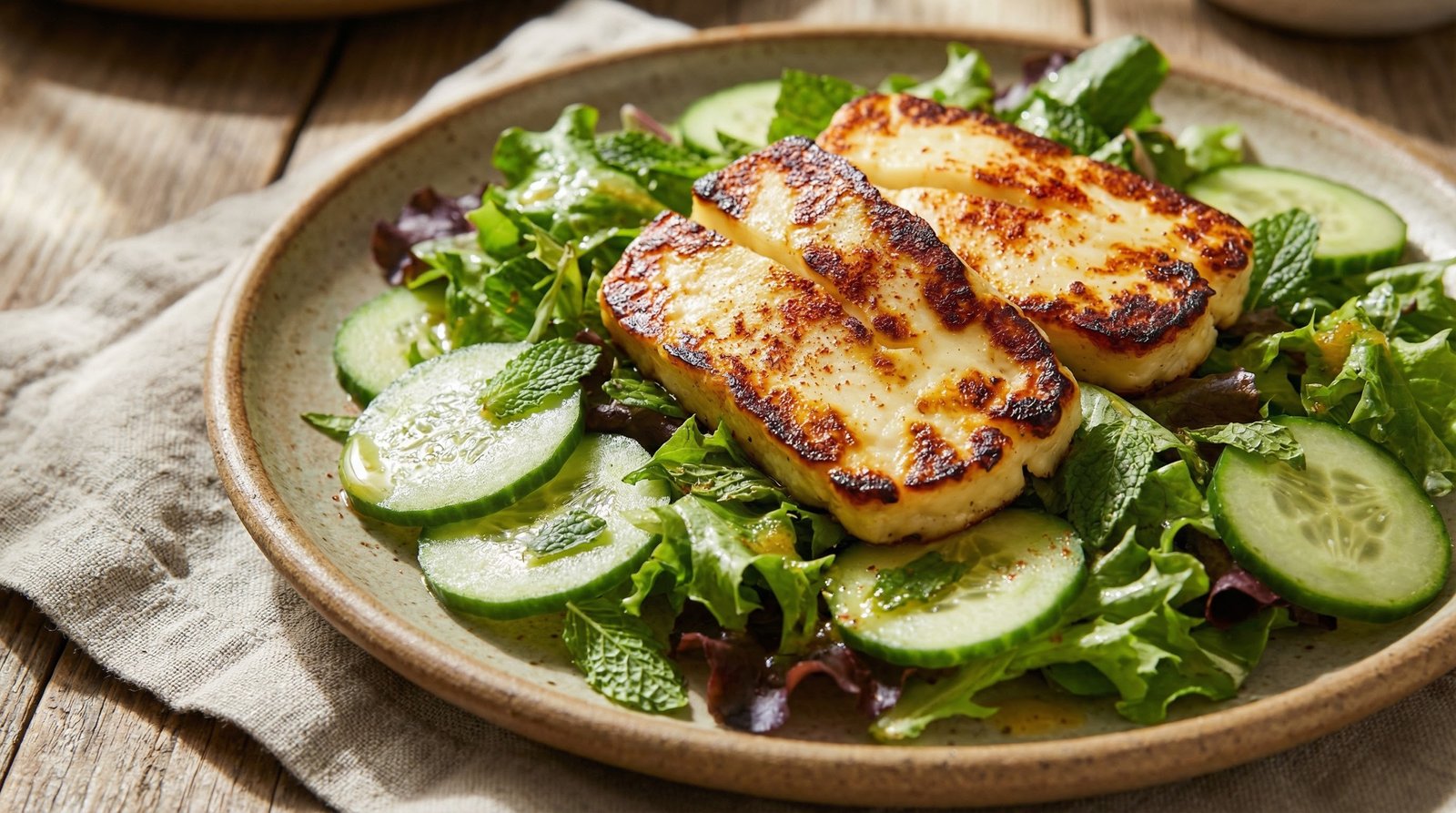 Broiled Halloumi over Mint Cucumber Salad