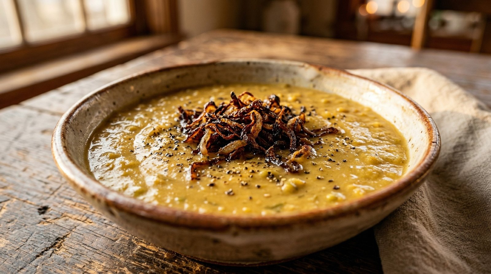 Smoky Split Pea Soup with Frizzled Onions