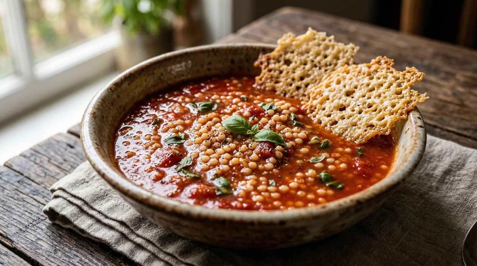 Tomato-Basil Pastina Soup with Cheese Crisps