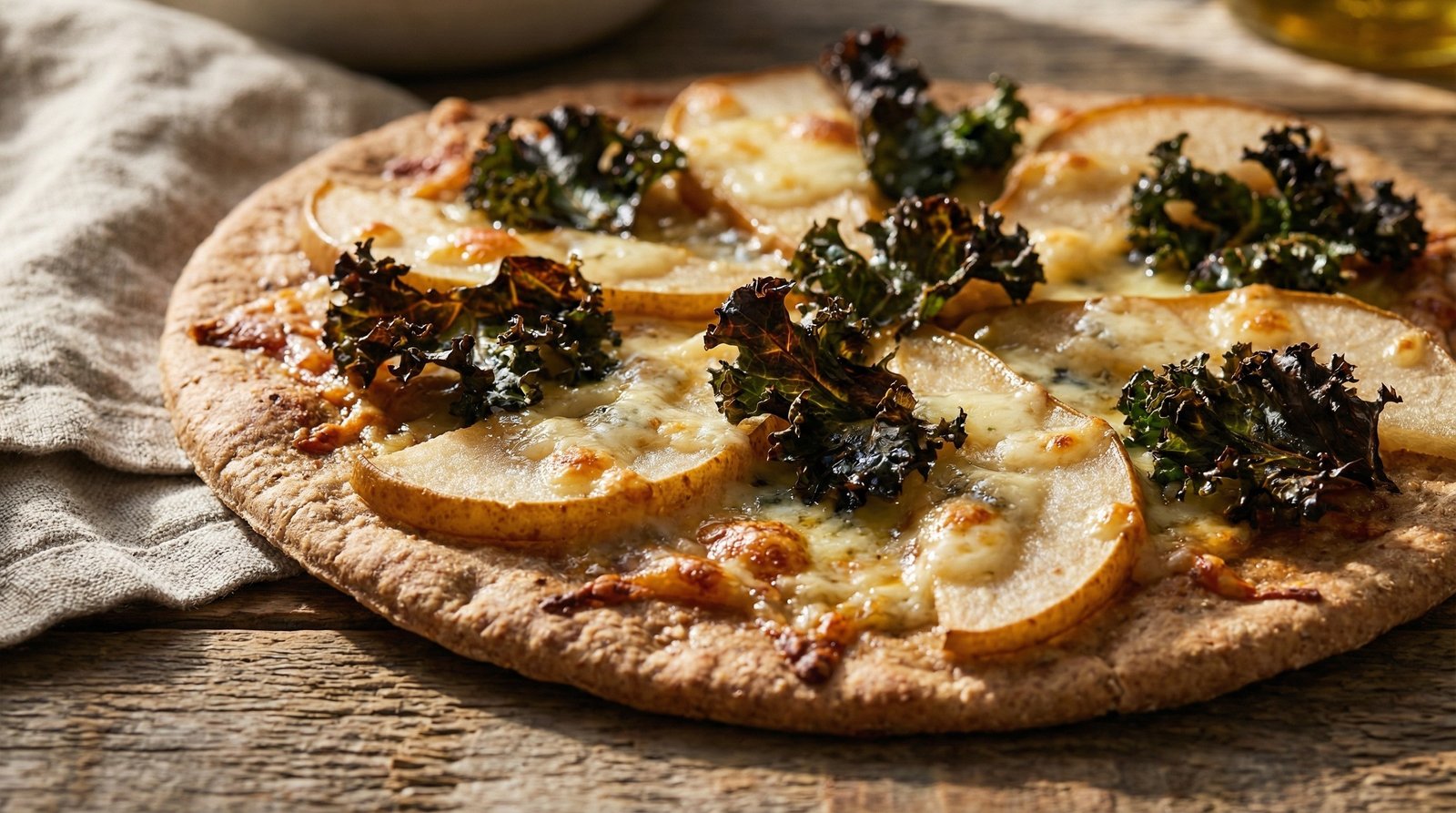 Pear, Gorgonzola & Kale Pita Pizzas