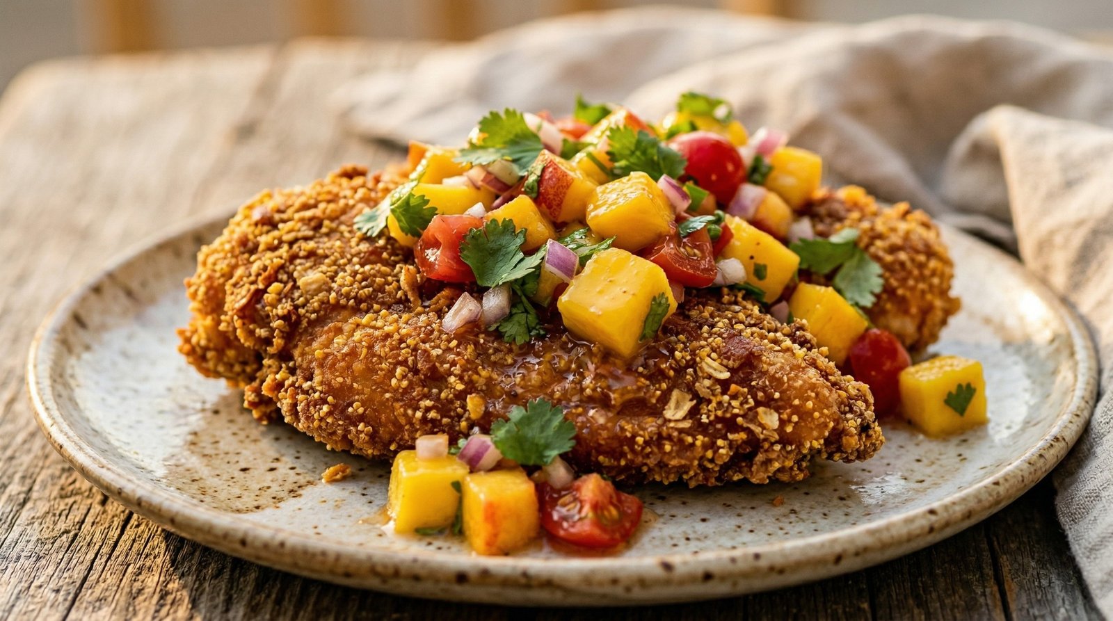 Crunchy Cornmeal Chicken with Mango-Peach Salsa
