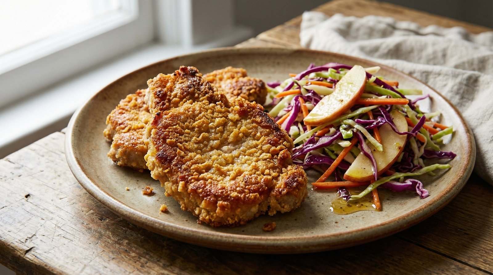 Oven-Fried Pork Cutlets with Apple Slaw