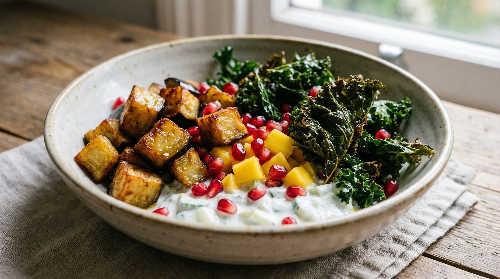 Crispy Bhuna Aubergine and Kale Salad