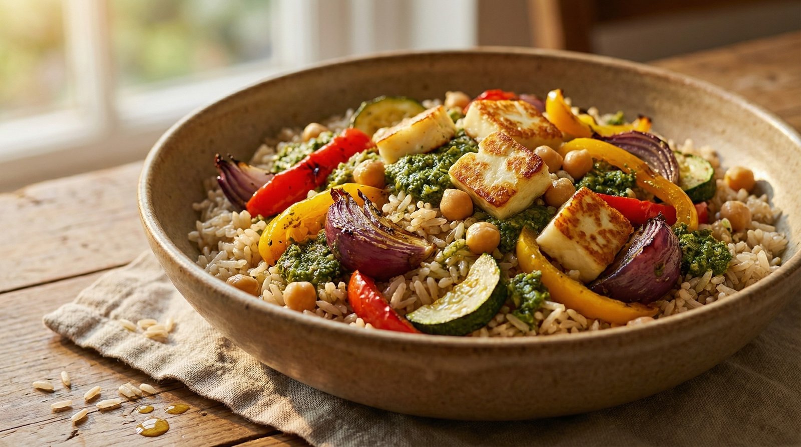 Herby Rice with Roasted Veg and Halloumi