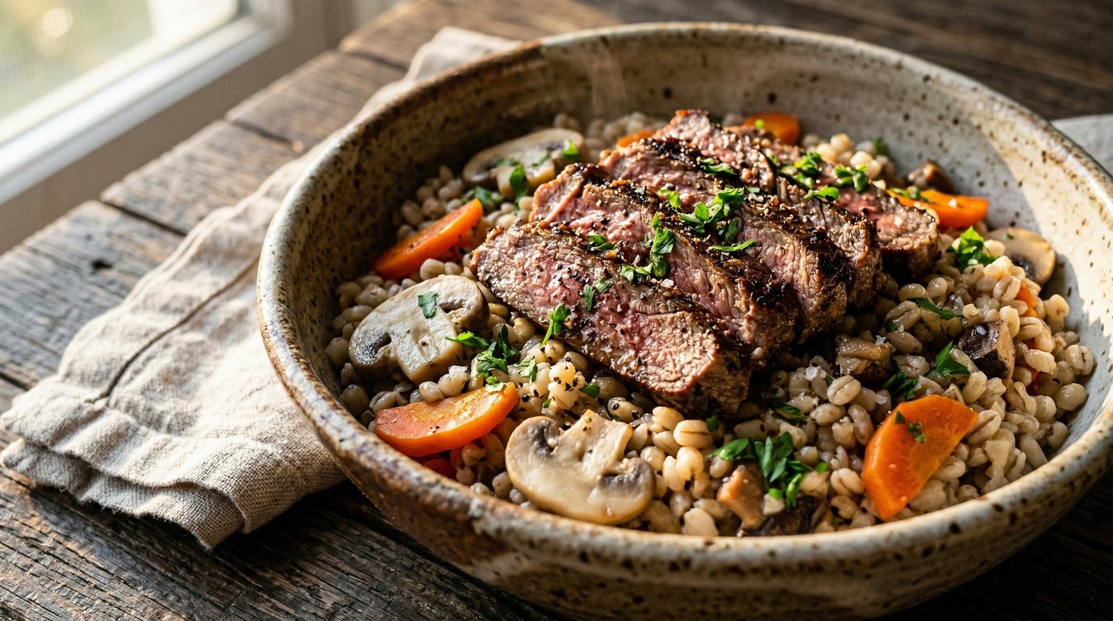 Beef and Barley with Carrots and Mushrooms