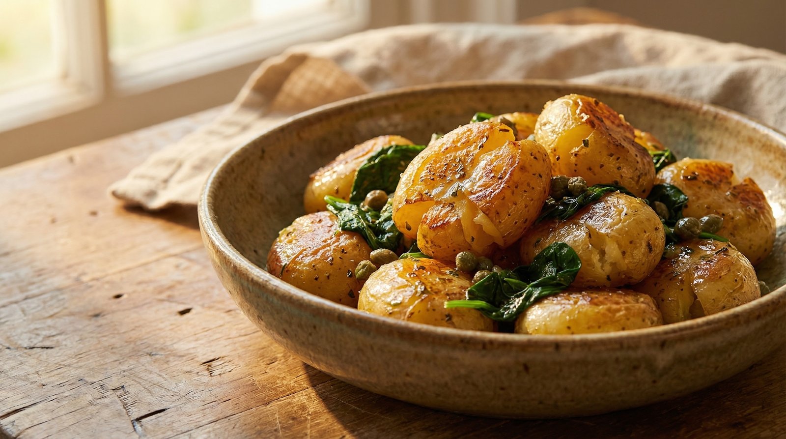 Crispy New Potatoes with Spinach